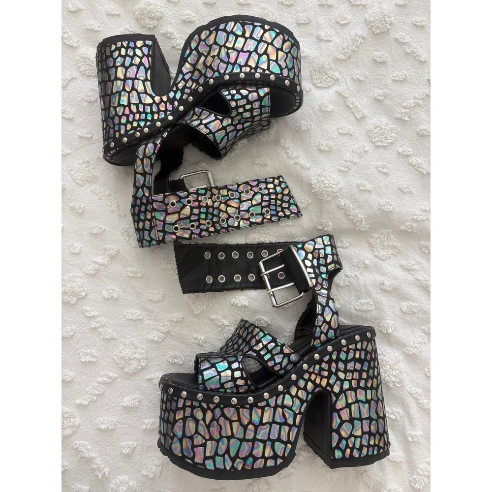Demonia Camel-102 Platform Sandals Size 7 Black Hologram Stacked Studded Goth